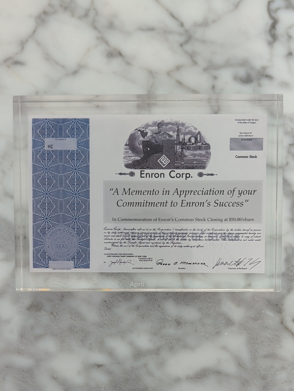 Enron Corp. Common Stock Certificate In Lucite